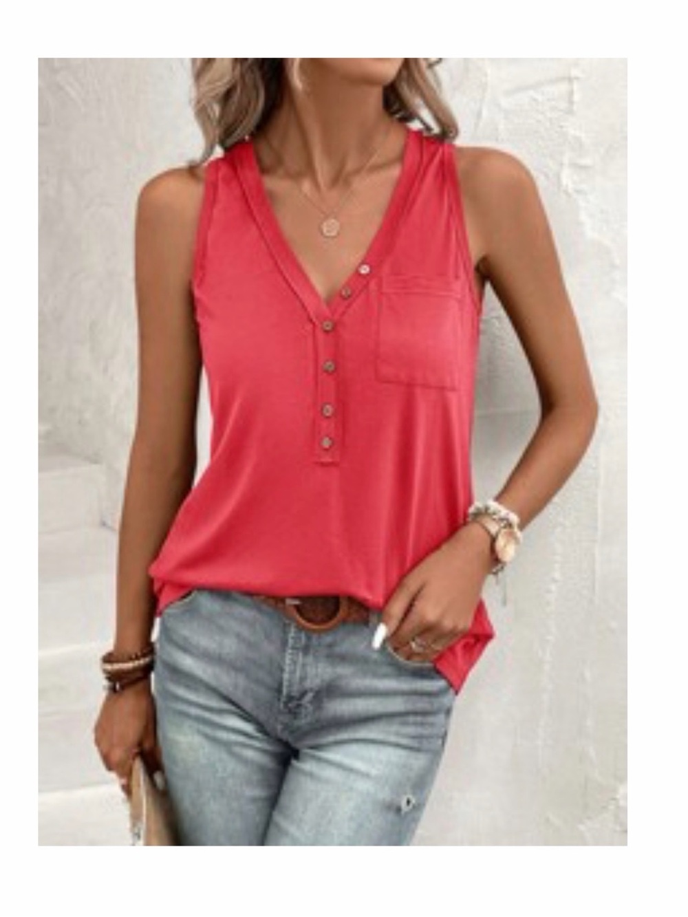 NEW Women’s SHEIN Bright Coral/Pink Sleeveless Henley Tank with Chest Pocket